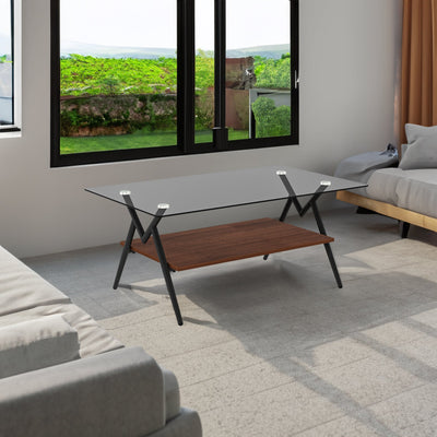 Rectangle Coffee Table with Tempered Glass top and Brown MDF Shelf, Modern Table for Living Room, Gray Glass - Korvel