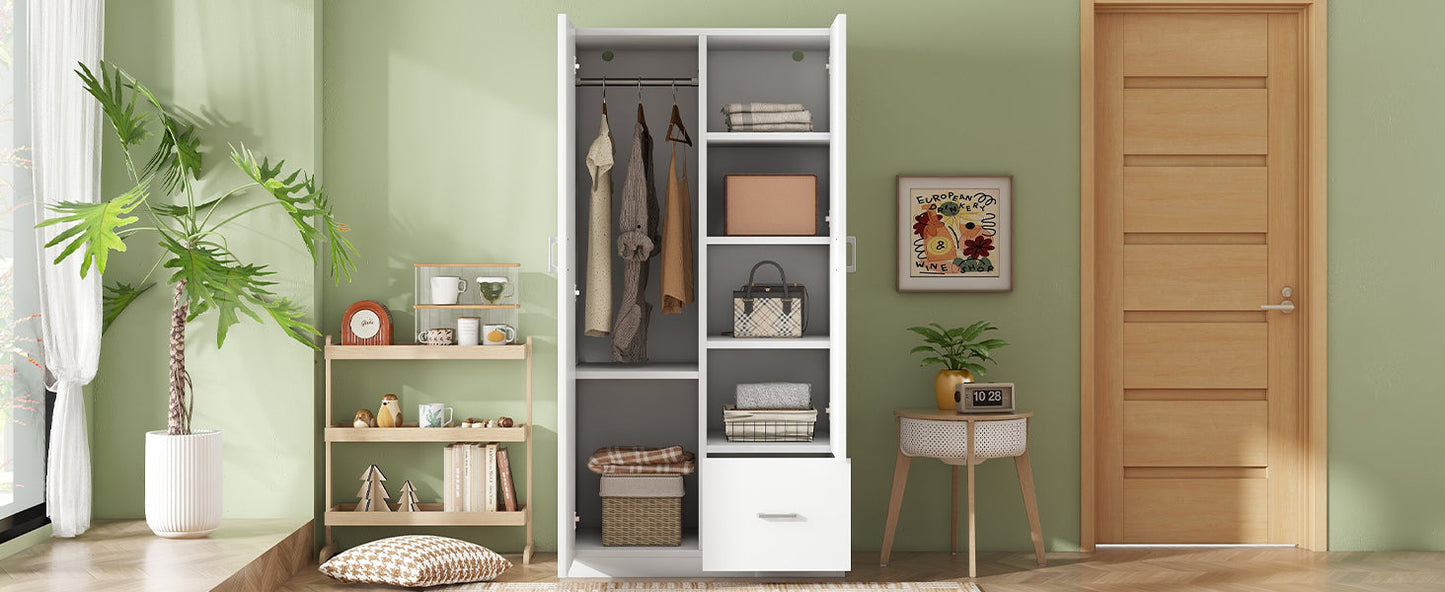 Wooden Wardrobe with Double Doors, Armoire with Hanging Rod, 5 Fixed Shelves, One Storage Drawer,White - Korvel