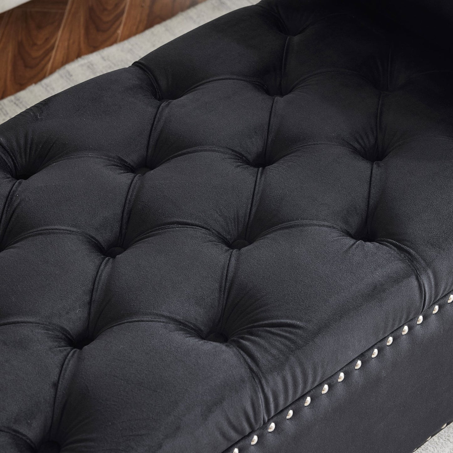Storage Bench, 44.5-Inch Queen Velvet Button Bedside Bench, Entryway Living Room with Armrests, Nailhead Trim  Black - Korvel