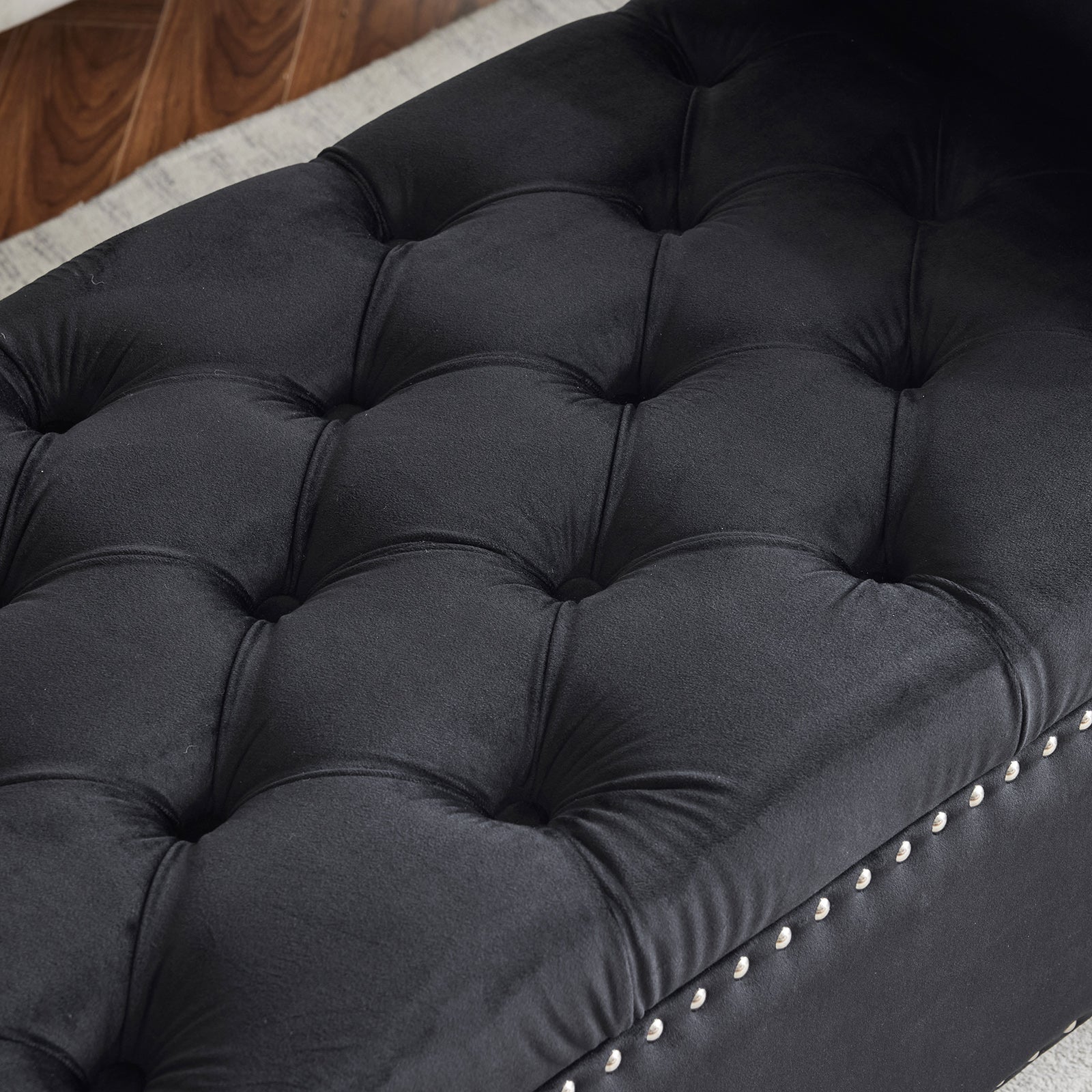 Storage Bench, 44.5-Inch Queen Velvet Button Bedside Bench, Entryway Living Room with Armrests, Nailhead Trim  Black - Korvel