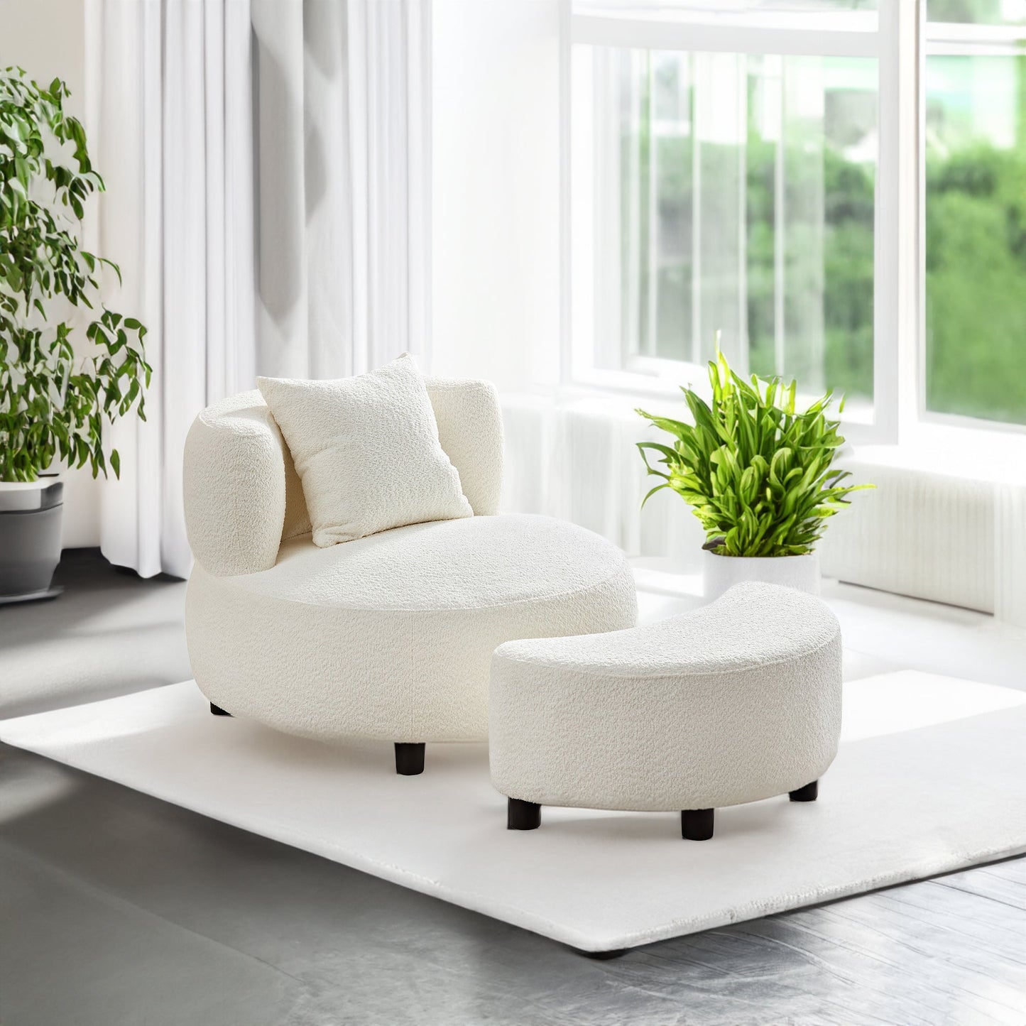 Fauteuil en tissu teddy beige moderne avec pouf