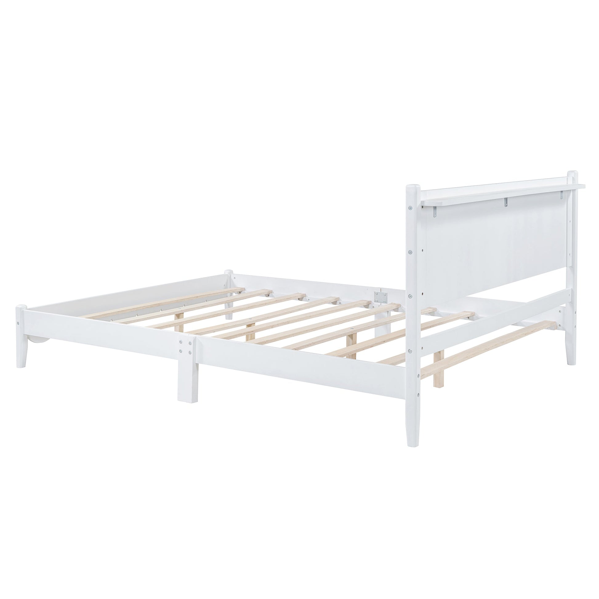 Queen Size Wood Platform Bed Frame, Retro Style Bed with Rectangular Headboard,No Need Box Spring,White - Korvel