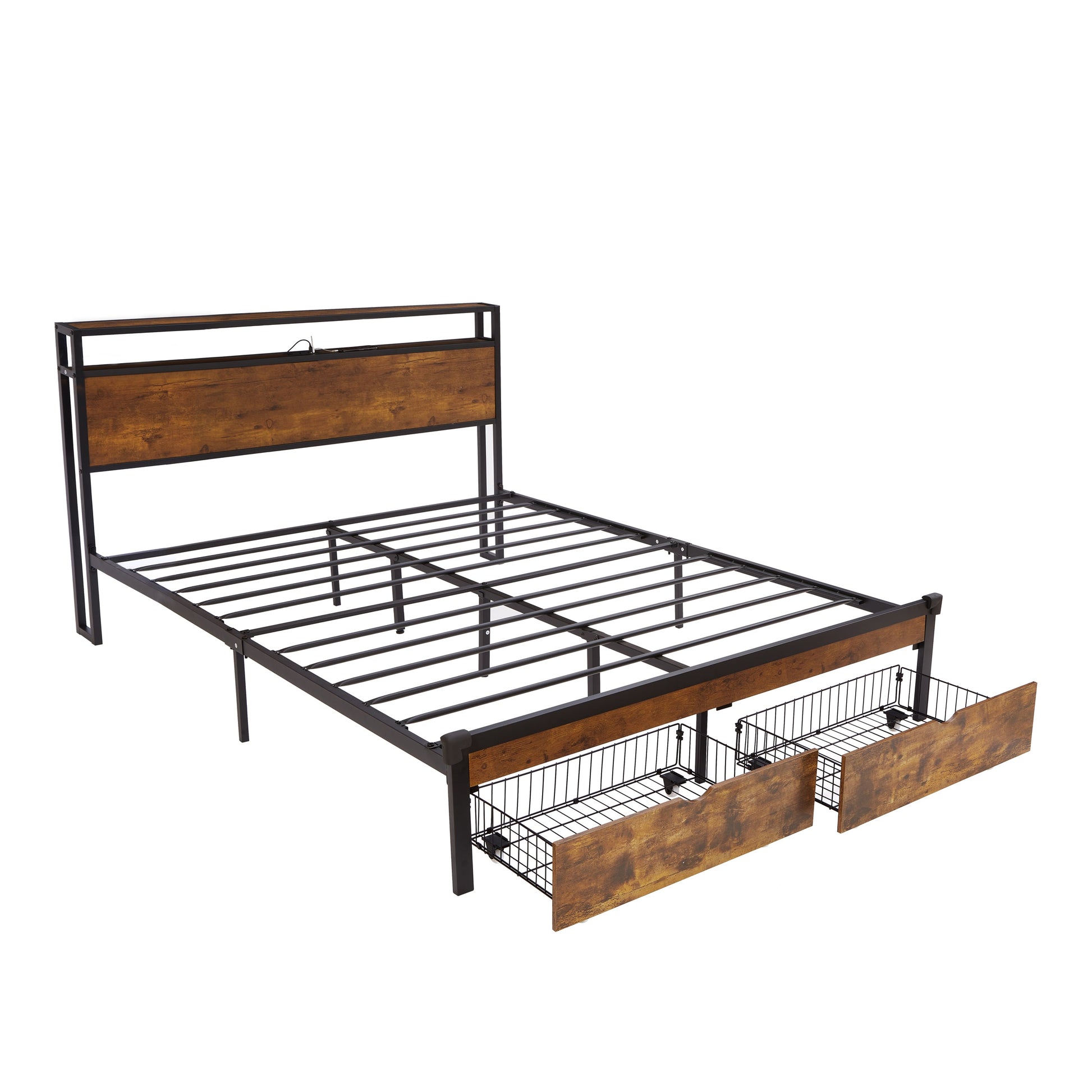 Large metal bed frame with wooden headboard and USB foot pedal, charging station, 2 drawers, LED lights, no need for box spring - Korvel