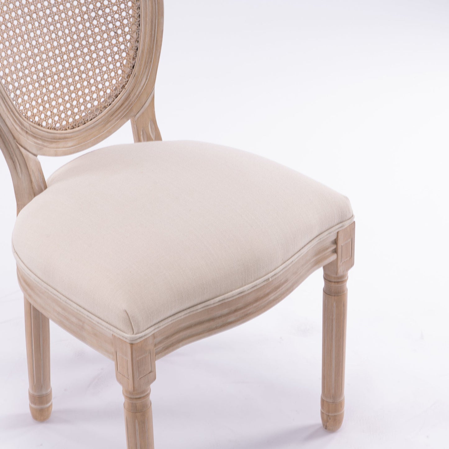 French Style Solid Wood Frame Antique Painting Linen Fabric Rattan Back Dining Chair Set of 2 Cream - Korvel
