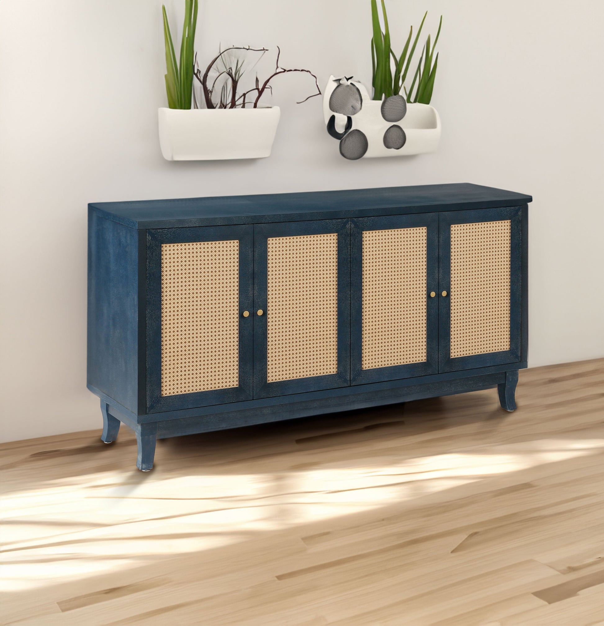 Handcrafted Premium Grain Panels Rattan Sideboard Buffer Cabinet Accent Storage Cabinet With 4 Rattan Doors BLUE - Korvel