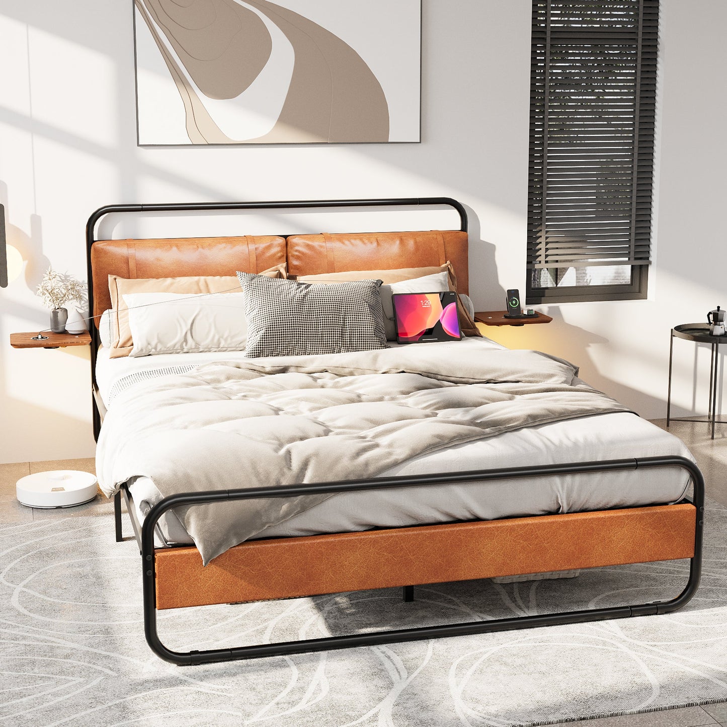 King Size Metal Bed Frame with Upholstered Headboard