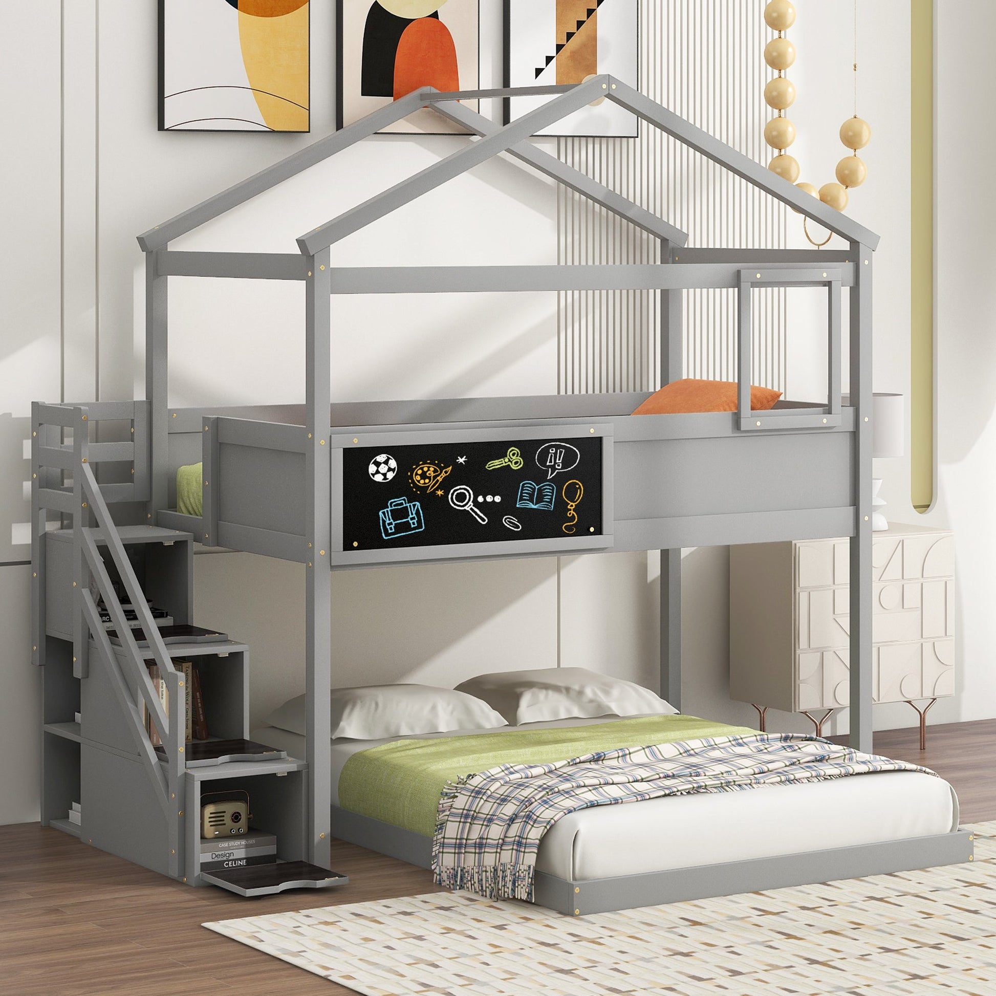 Twin over Full House Bunk Bed with Storage Staircase and Blackboard Gray - Korvel