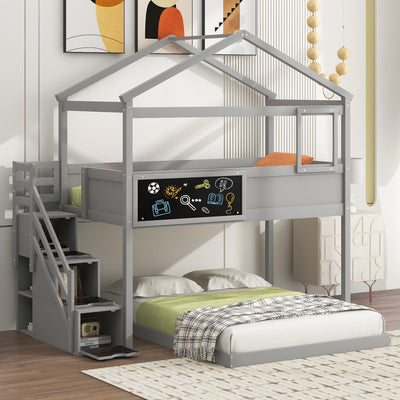 Twin over Full House Bunk Bed with Storage Staircase and Blackboard Gray - Korvel