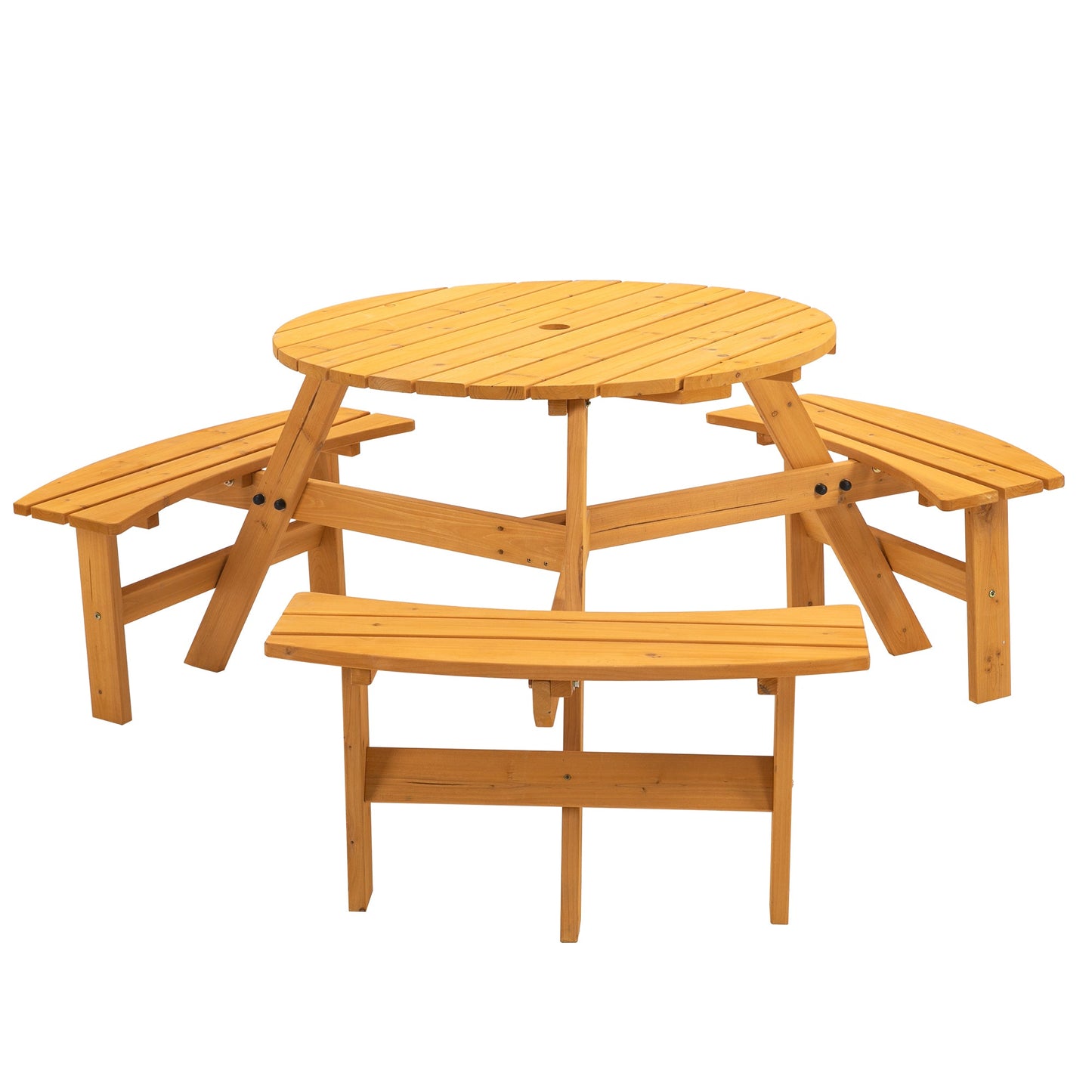 6-Person Circular Outdoor Wooden Picnic Table for Patio, Backyard, Garden, DIY w/ 3 Built-in Benches, 1720lb Capacity - Natural - Korvel