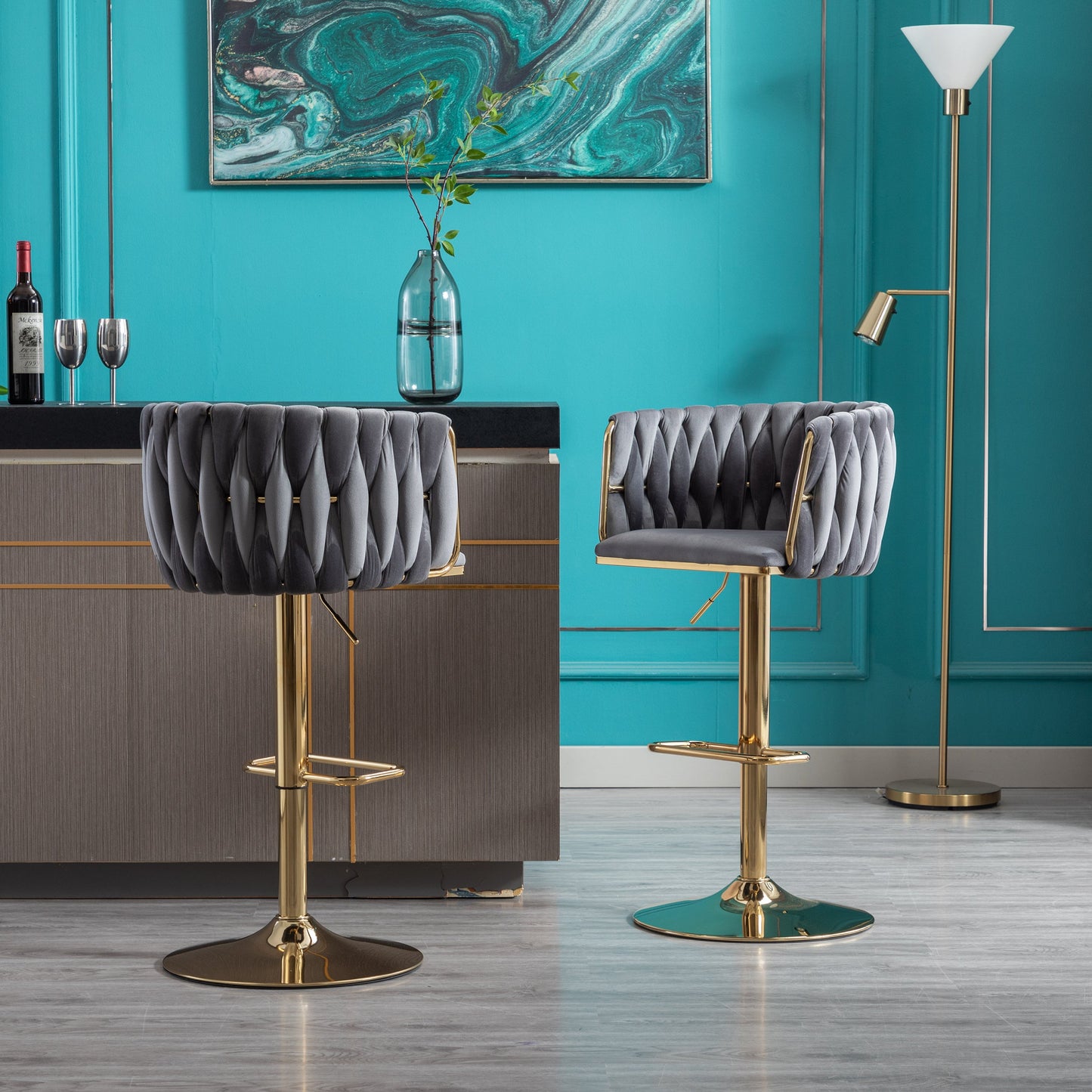 Set of 2 Bar Stools with Chrome Footrest and Base Swivel Height  Velvet + Golden Leg Simple Bar Stool-Grey - Korvel
