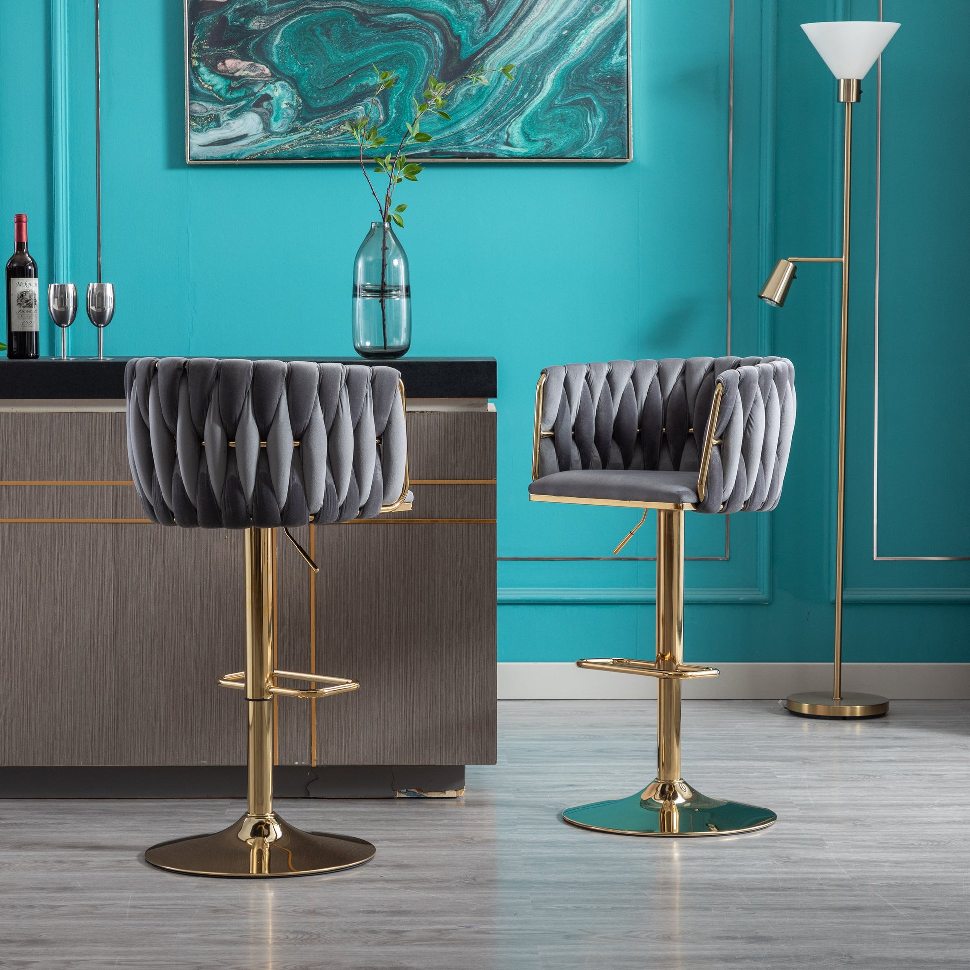 Set of 2 Bar Stools with Chrome Footrest and Base Swivel Height  Velvet + Golden Leg Simple Bar Stool-Grey - Korvel
