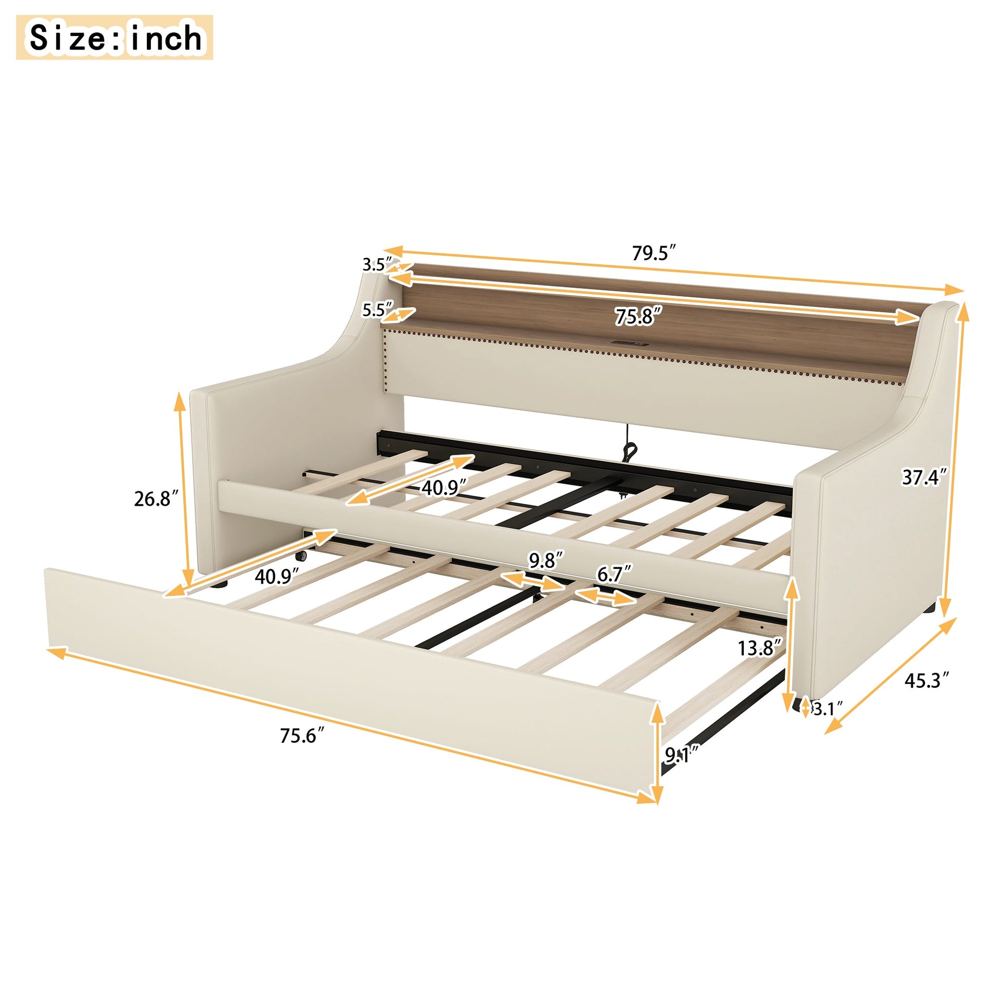 Twin Size Daybed with Trundle, Upholstered Daybed with Charging Station and LED Lights, Beige - Korvel
