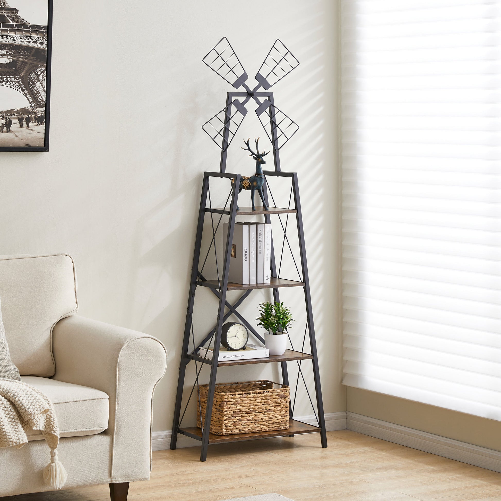 4-Tier Narrow Book Shelf, Bookcase for Home Office, Living Room, Bedroom, Kitchen, Rustic Brown and Black - Korvel