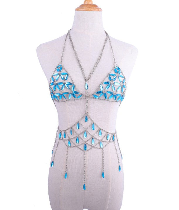Queen Bling Metal Tassel Details Tank Tops Festival Rave Clothing Summer Sexy Backless Rave Body Chain Beach Tops - Korvel