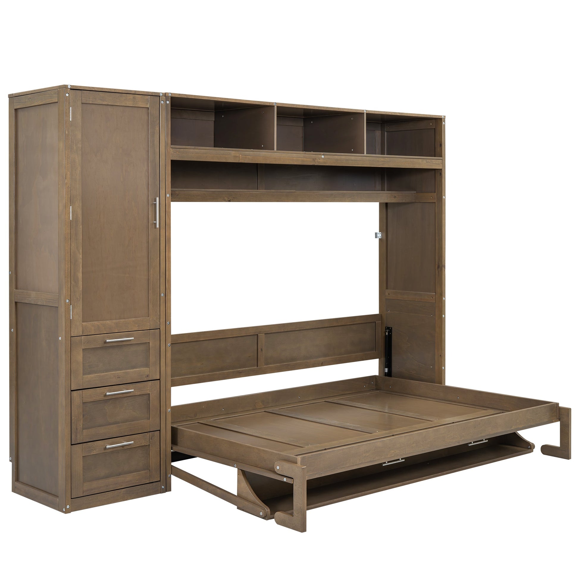 Full Size Murphy Bed with Wardrobe, Drawers and Open Shelves, Antique Grey - Korvel
