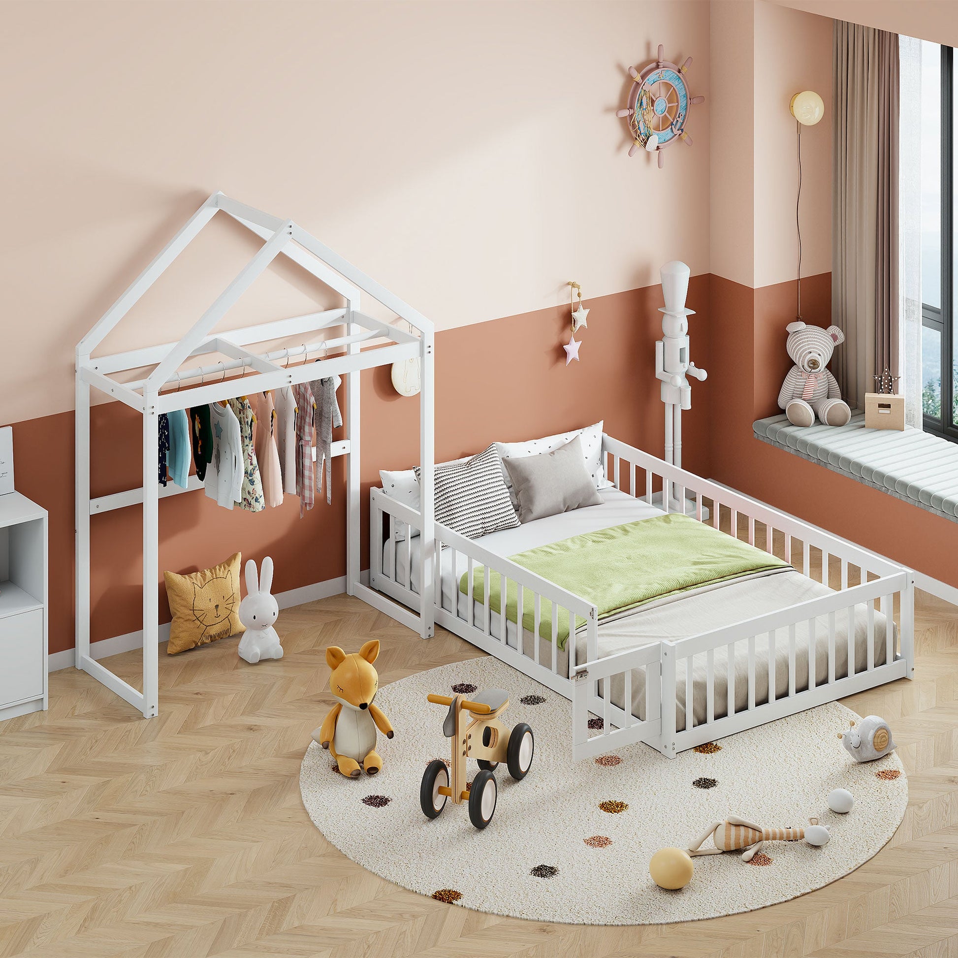 Wooden Full Size Children's Bed with Detachable Headboard and Integrated Clothes Drying Rack, White - Korvel