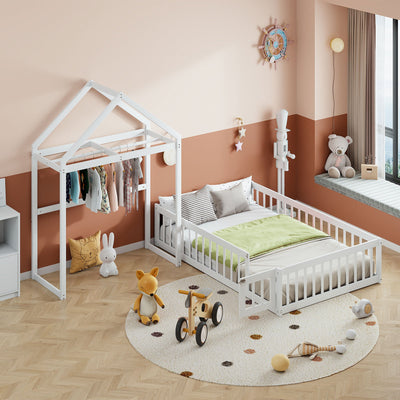 Wooden Full Size Children's Bed with Detachable Headboard and Integrated Clothes Drying Rack, White - Korvel