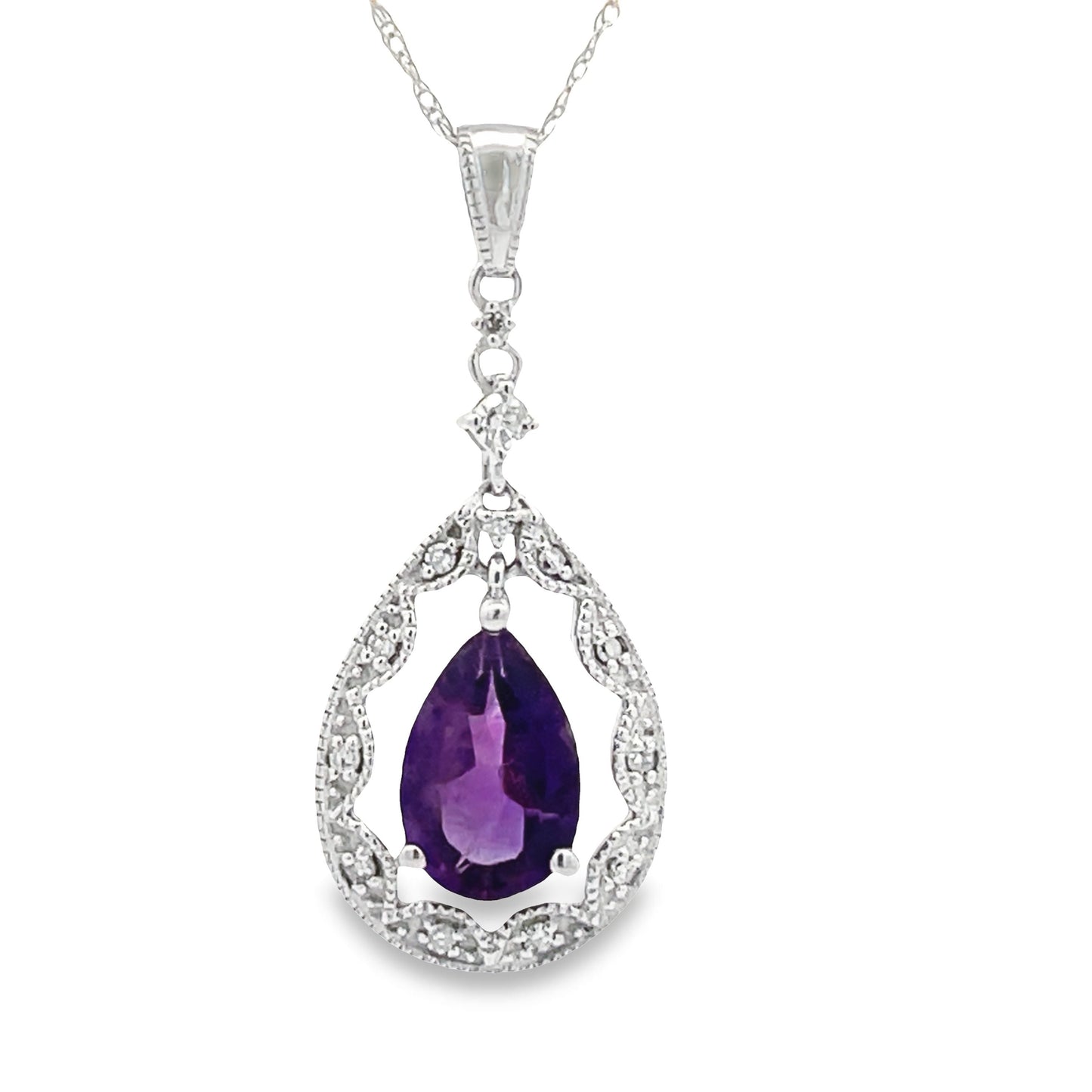 Colgante de moda de diamante de amatista en oro blanco de 14 quilates