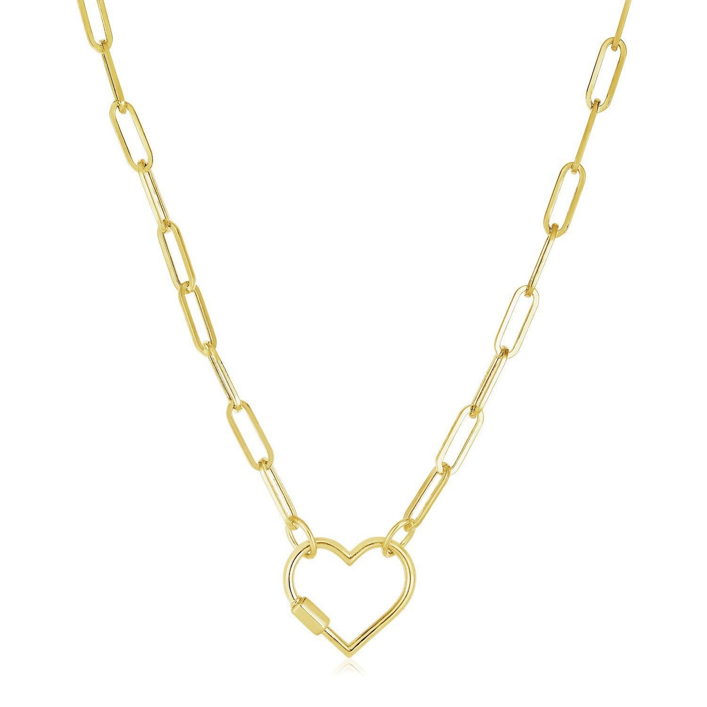 Collar de cadena de papel de oro amarillo de 14k con cierre en forma de corazón