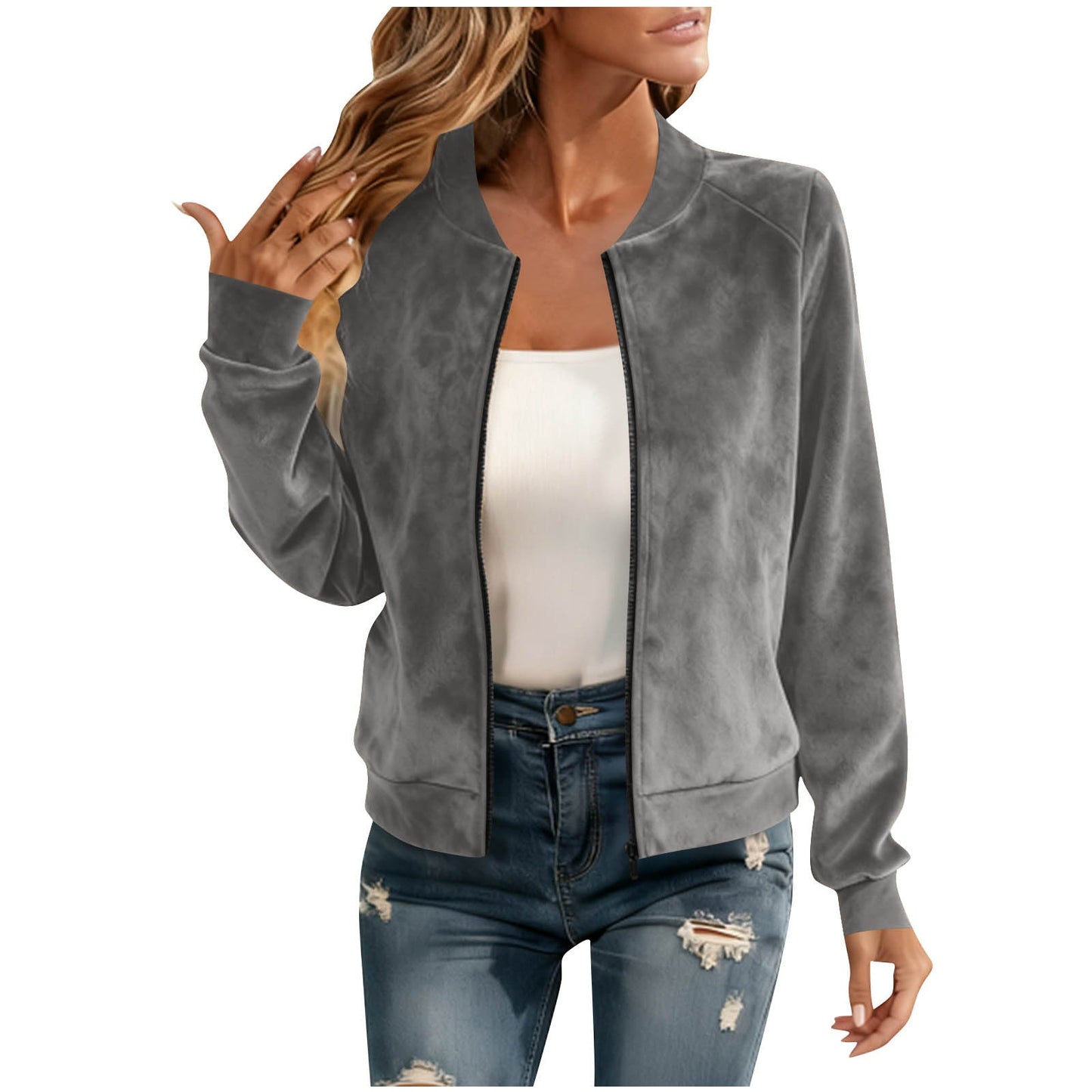Elegant Round-neck Zip-up Deerskin-fleece Bomber Jacket