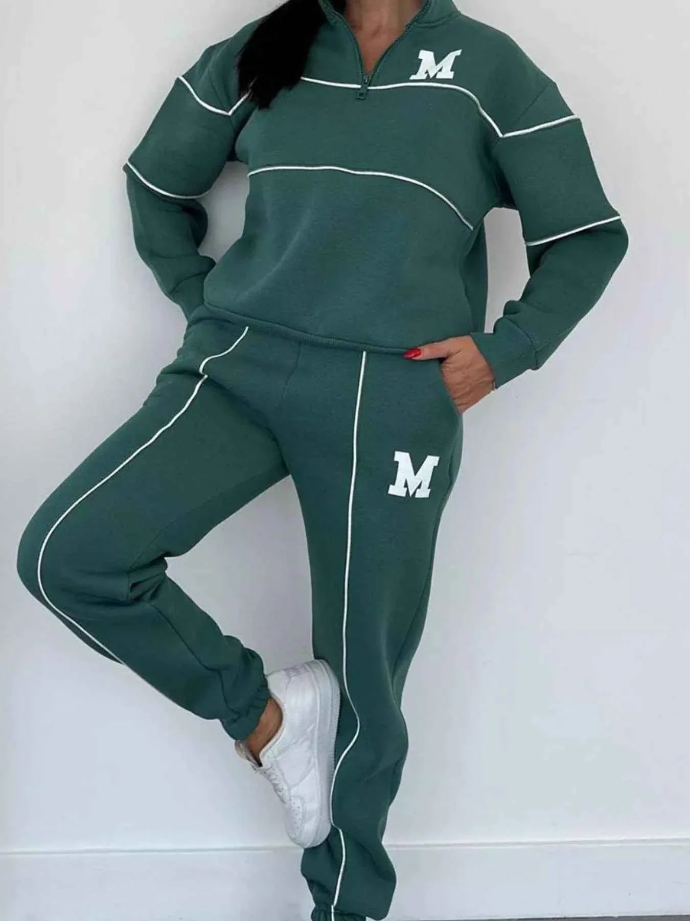 Plus Size Striped Quarter Zip Top and Pants Set
