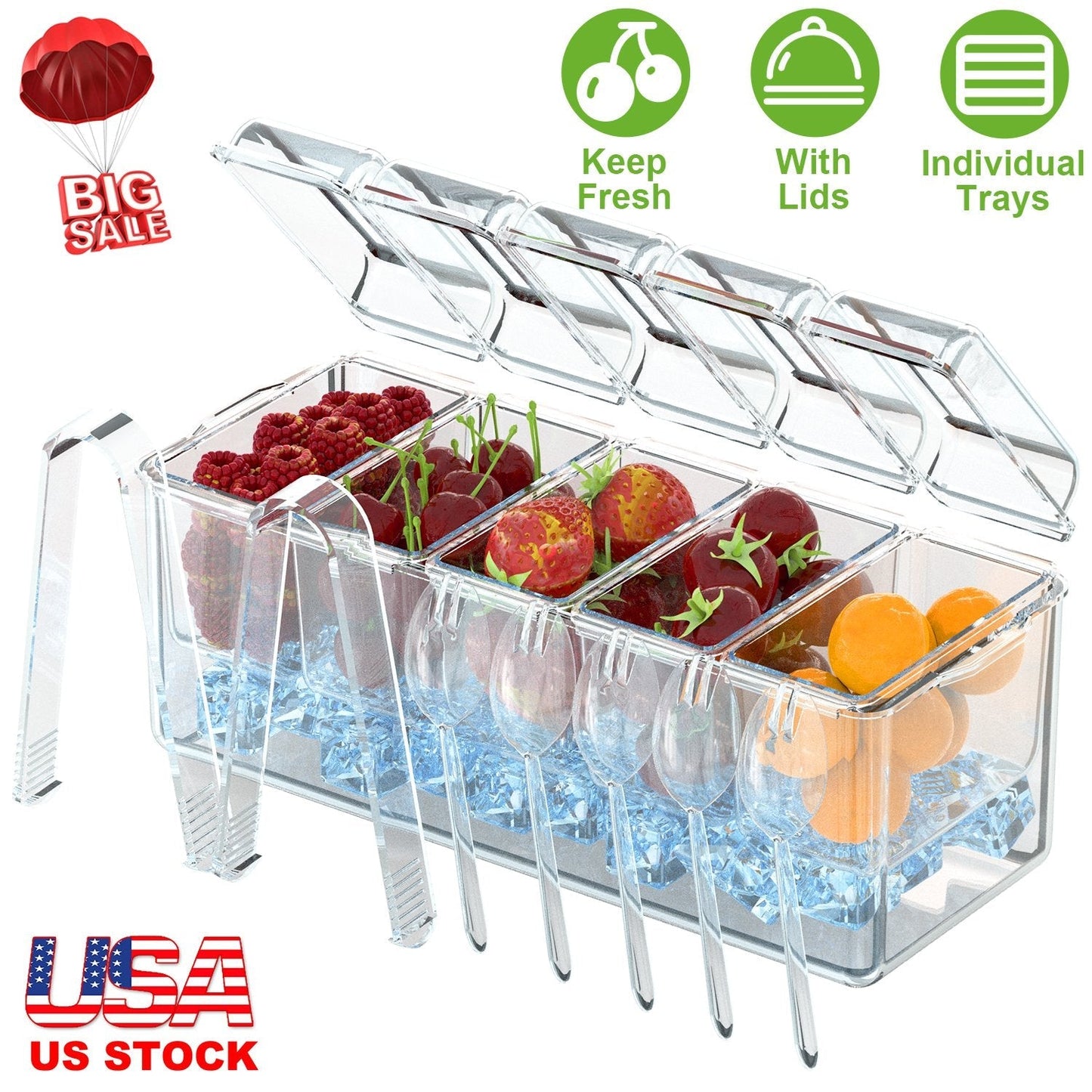 Ice Chilled Condiment Caddy Serving Tray with Removable Containers