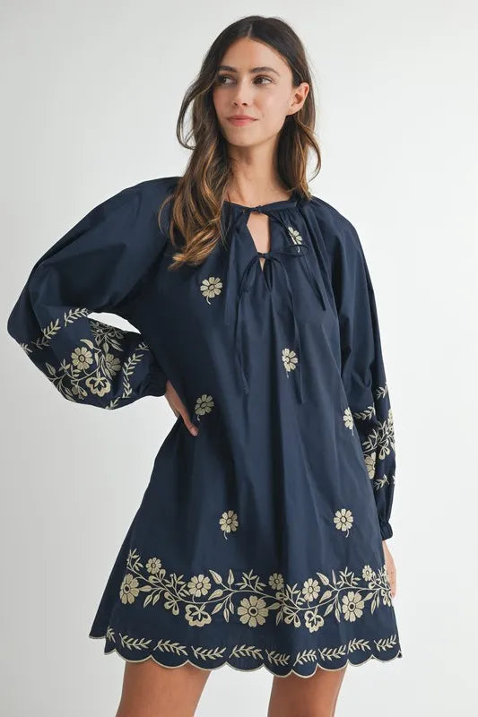 Embroidered Long Sleeve Peasant Mini Dress for Women