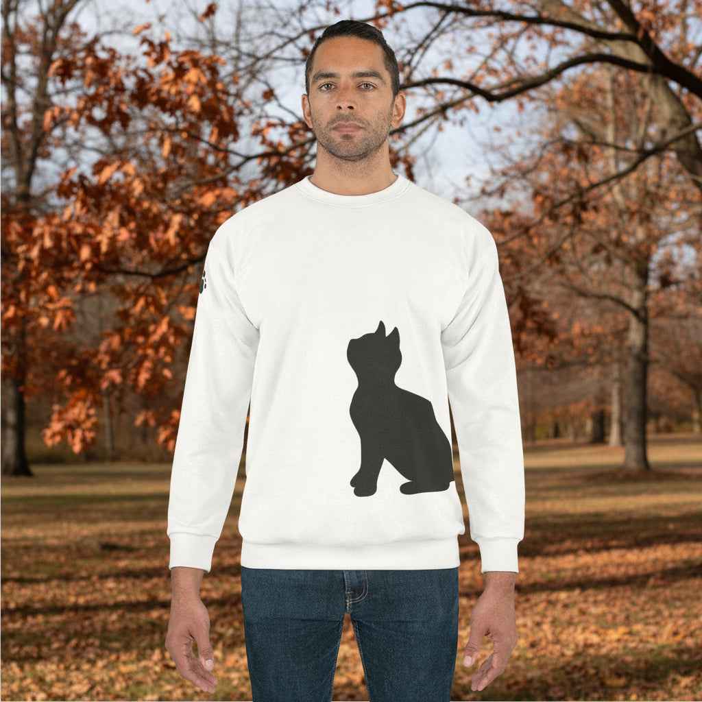Minimalist Cat Silhouette Crewneck - Dual Black Cats with Paw-Print Sleeve