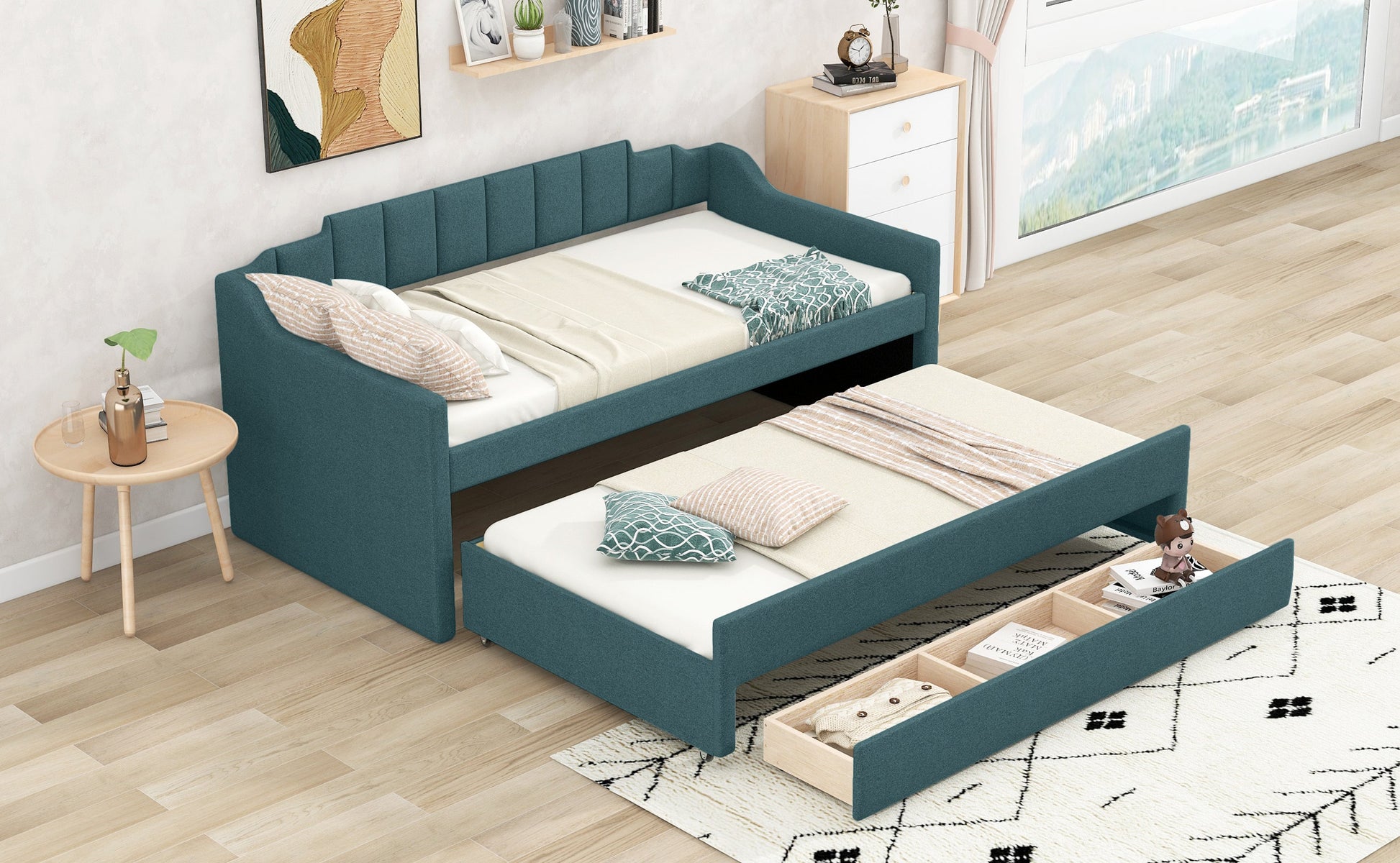 Twin Size Upholstered Daybed with Trundle and Three Drawers,Green - Korvel