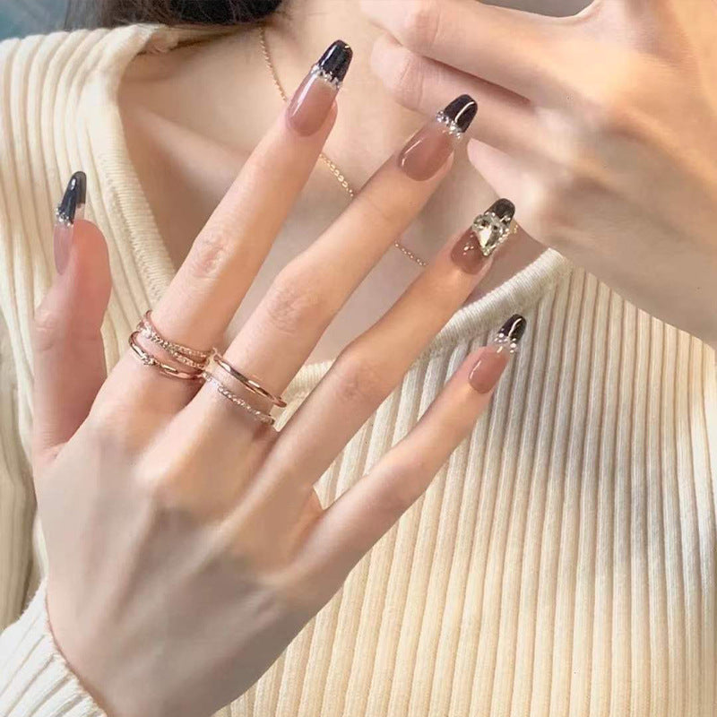Black French Long Wearing Nail Rhinestone Love Chain Removable Fake Nail Nail Piece Nail Sticker Manicure Nail - Korvel