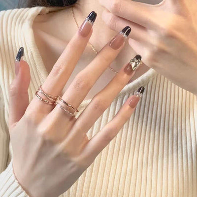 Black French Long Wearing Nail Rhinestone Love Chain Removable Fake Nail Nail Piece Nail Sticker Manicure Nail - Korvel