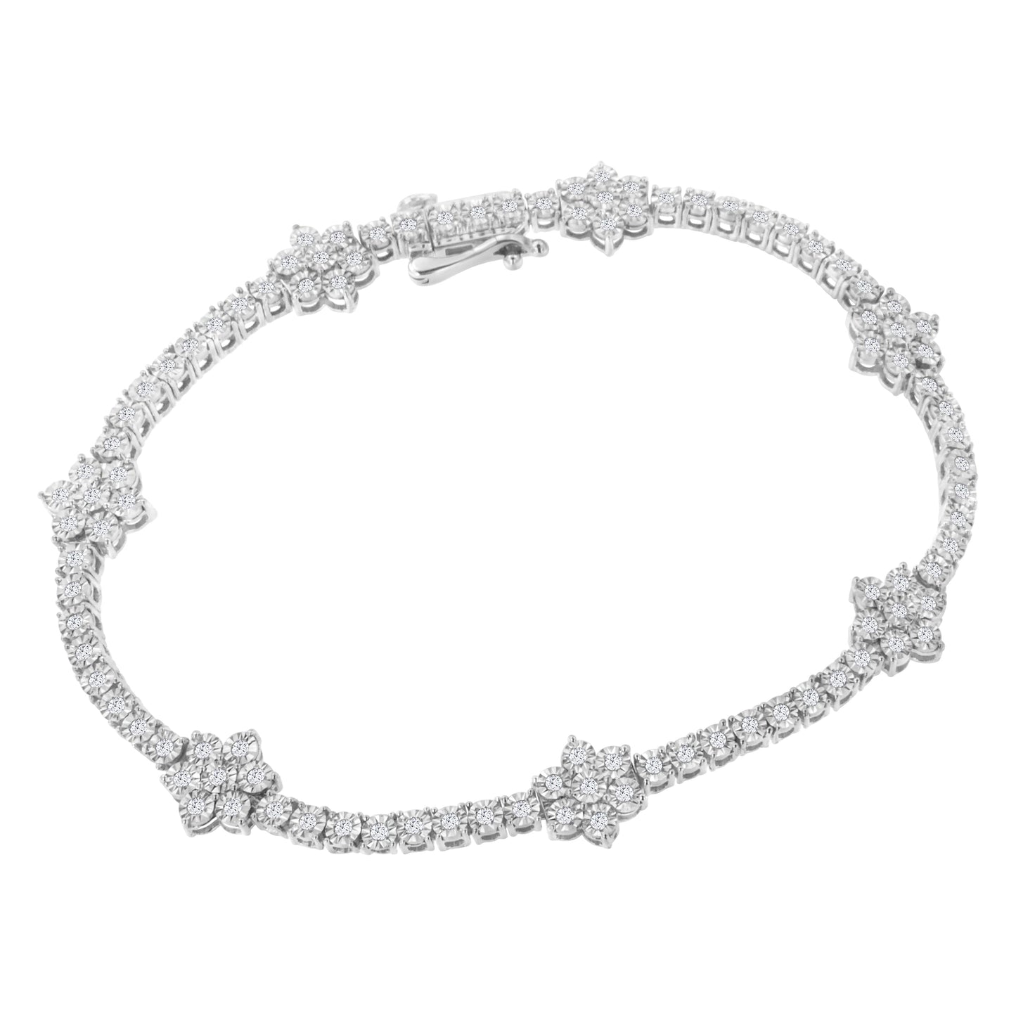 .925 Sterling Silver Diamond Floral Station Tennis Bracelet - 7-1/2"
