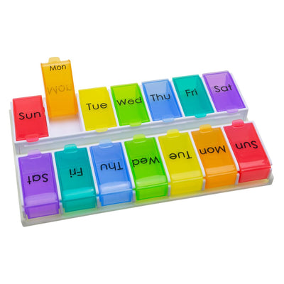 Organisateur de Pilules Ezy Dose® Hebdomadaire 14 Jours – Compartiments Arc-en-Ciel Pop-Out