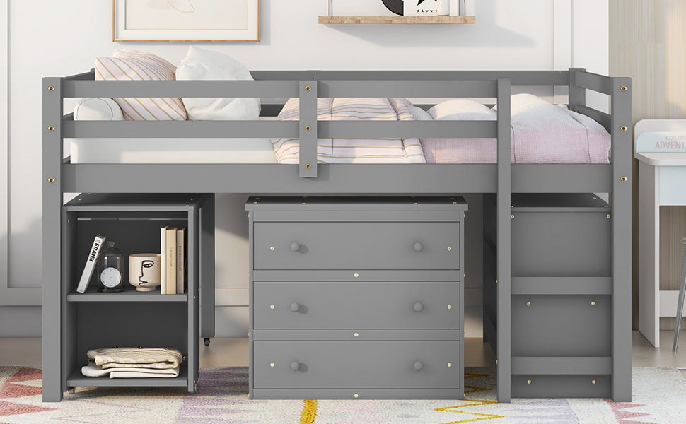 Low Study Full Loft Bed with Cabinet Shelves and Rolling Portable Desk Multiple Functions Bed- Gray - Korvel
