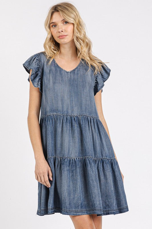 Vestido Mini de Manga Corta con Volantes y Escote en V para Mujeres