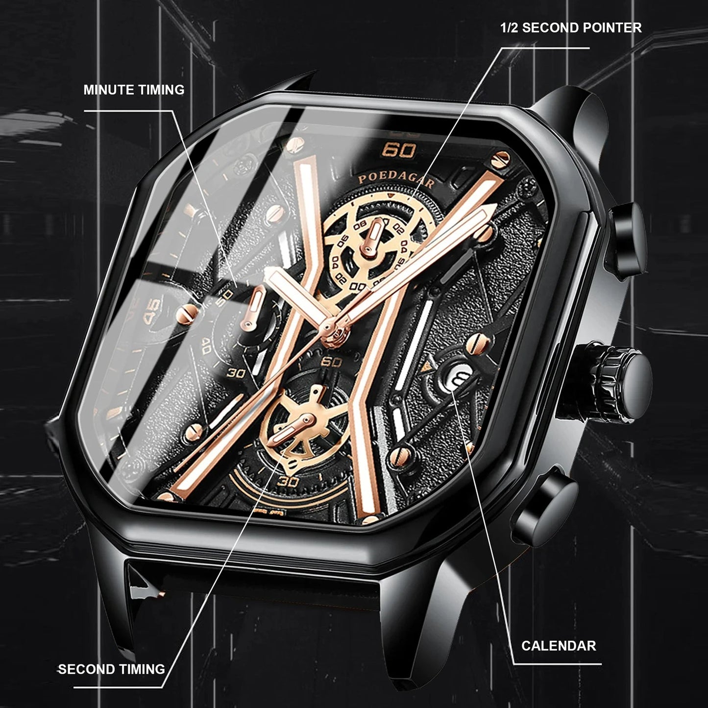 POEDAGAR Fashion Men Luxury Wristwatches Chronograph Luminous Waterproof Date Man Watch Square Dial Leather Quartz Men's Watches - Korvel