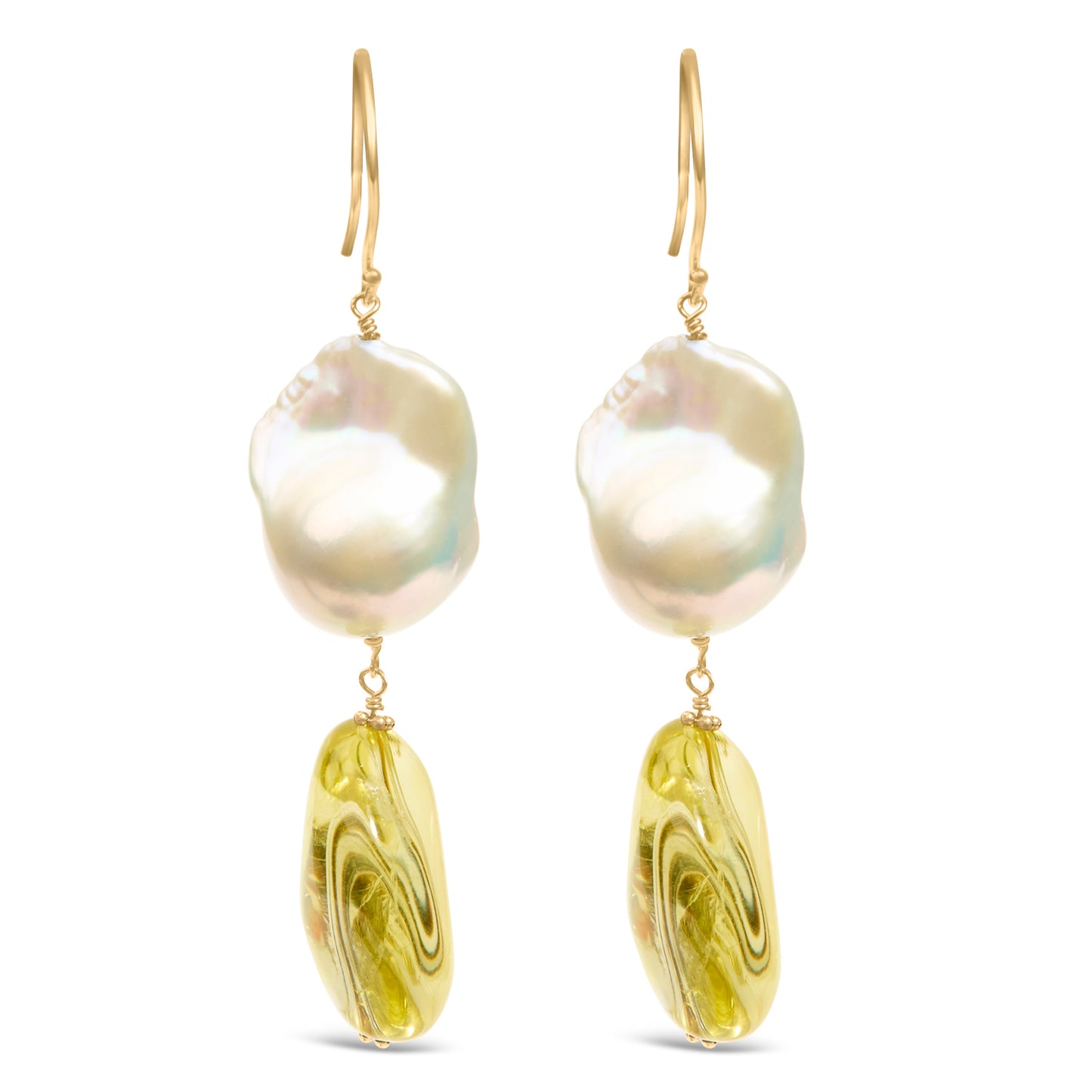 14K Yellow Gold Citrine and Baroque Pearl Drop Earrings