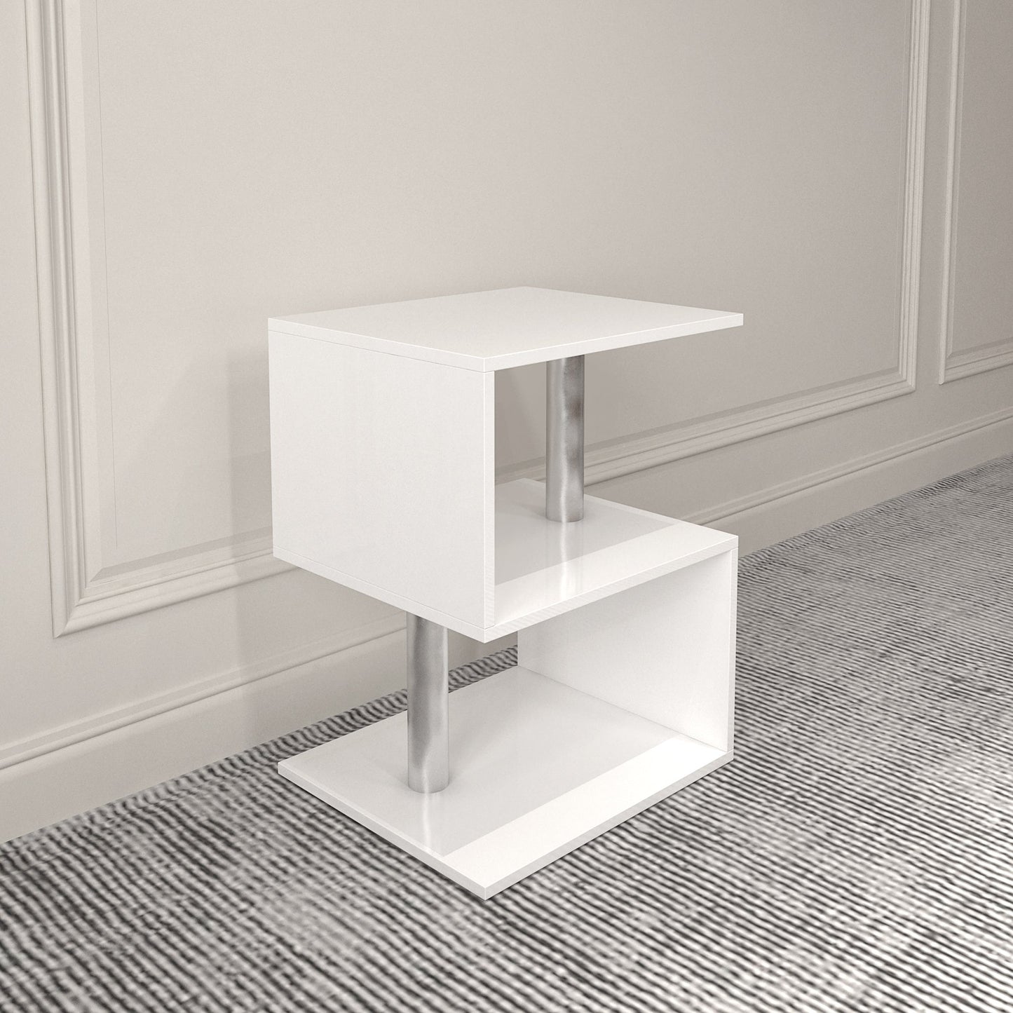 3-layer S-shaped coffee table, high gloss side table with open storage rack and USB power supply, white LED coffee table - Korvel