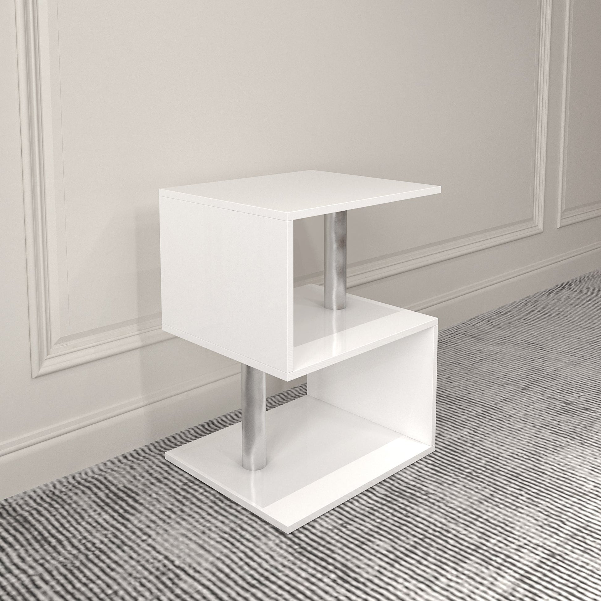 3-layer S-shaped coffee table, high gloss side table with open storage rack and USB power supply, white LED coffee table - Korvel