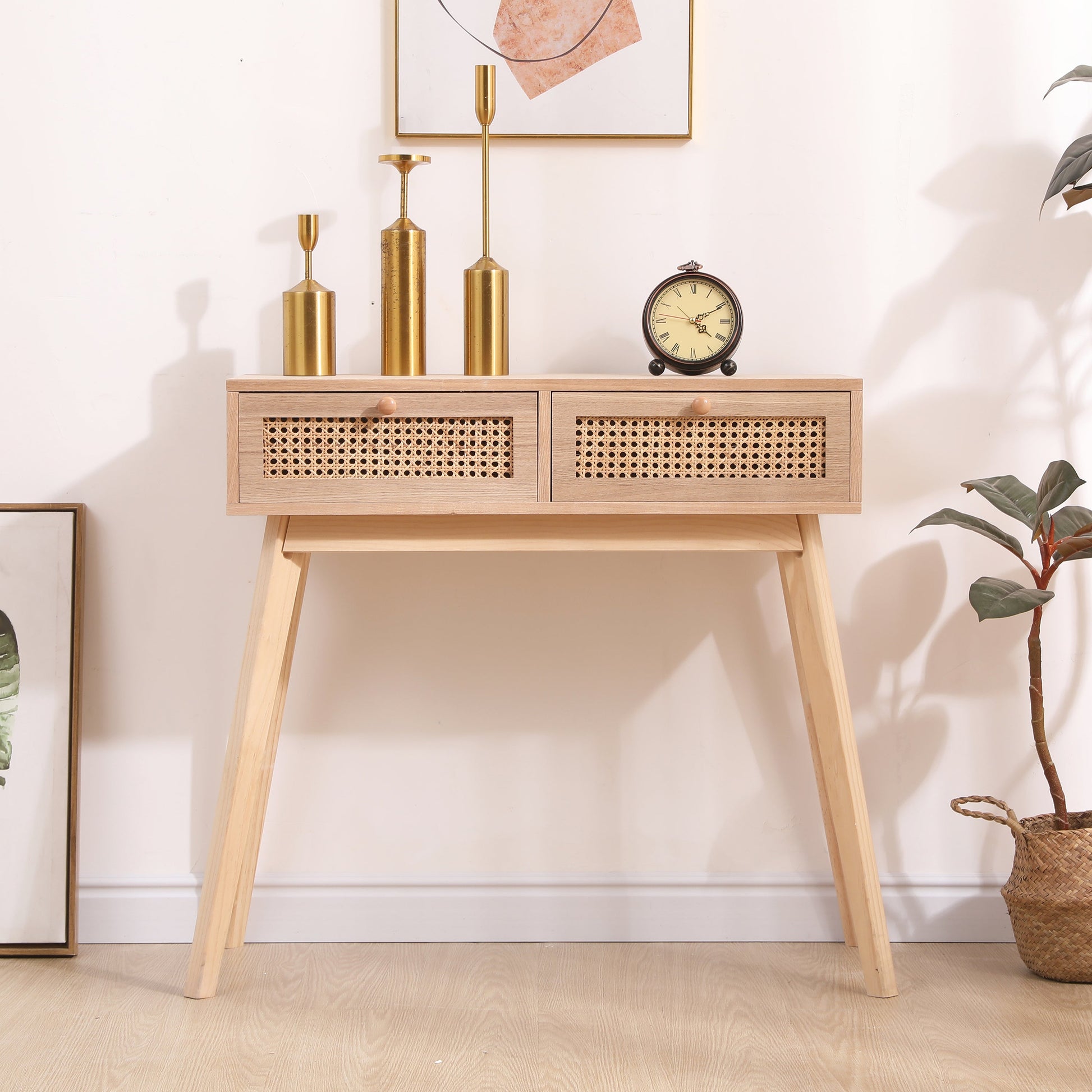 Side table with two real rattan drawers, solid wood table legs can be used in the dining room living room,bedroom - Korvel