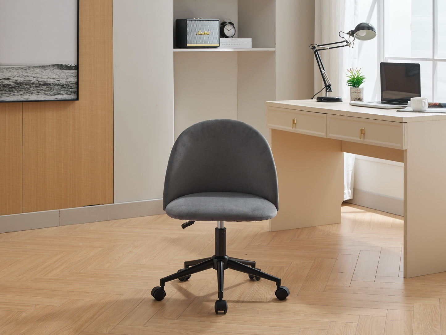 Velvet fabric office chair, mid back adjustable rotating computer chair, black legs, cushioned office chair with wheels - Korvel