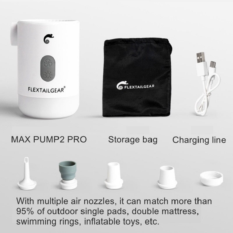 FLEXTAILGEAR Max Pump 2 Pro 4-in-1 Portable Mini Air Pump Electric Inflator USB Charging Sleeping Pad Camping Mattress Packraft - Korvel