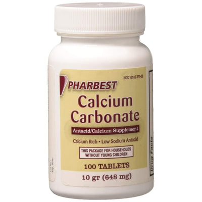 Suplemento de Carbonato de Calcio Pharbest 648 mg y Antiácido, 100 Tabletas
