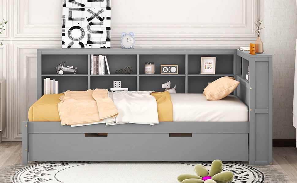 Wooden Twin Size DayBed with Twin Size Trundle, DayBed with Storage Shelf and USB Charging Ports,Grey - Korvel