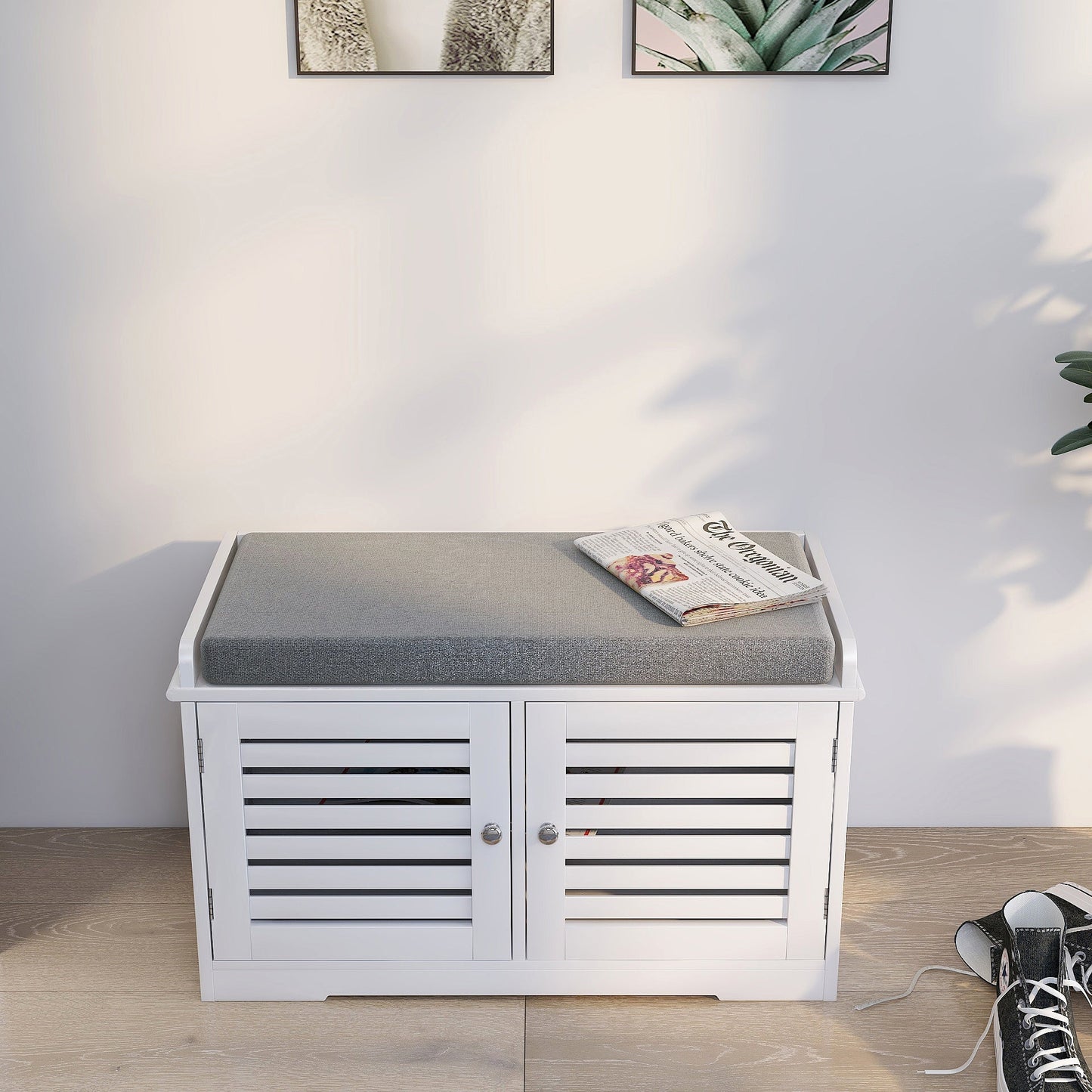 Elegant White Shoe Storage Bench with Padded Cushion