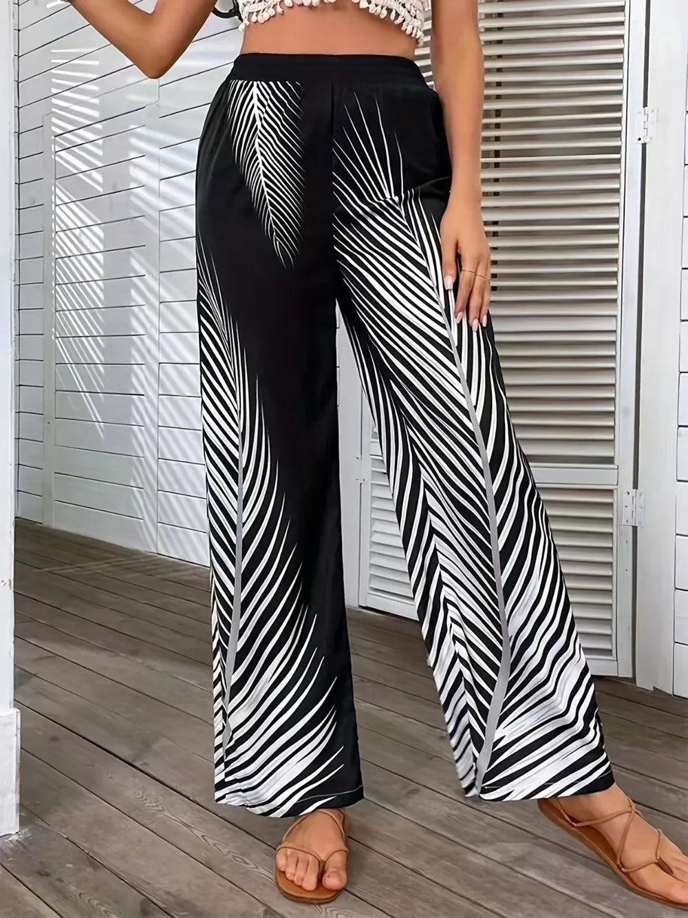 Elegant Striped Leaf Print Wide Leg Pants for Women