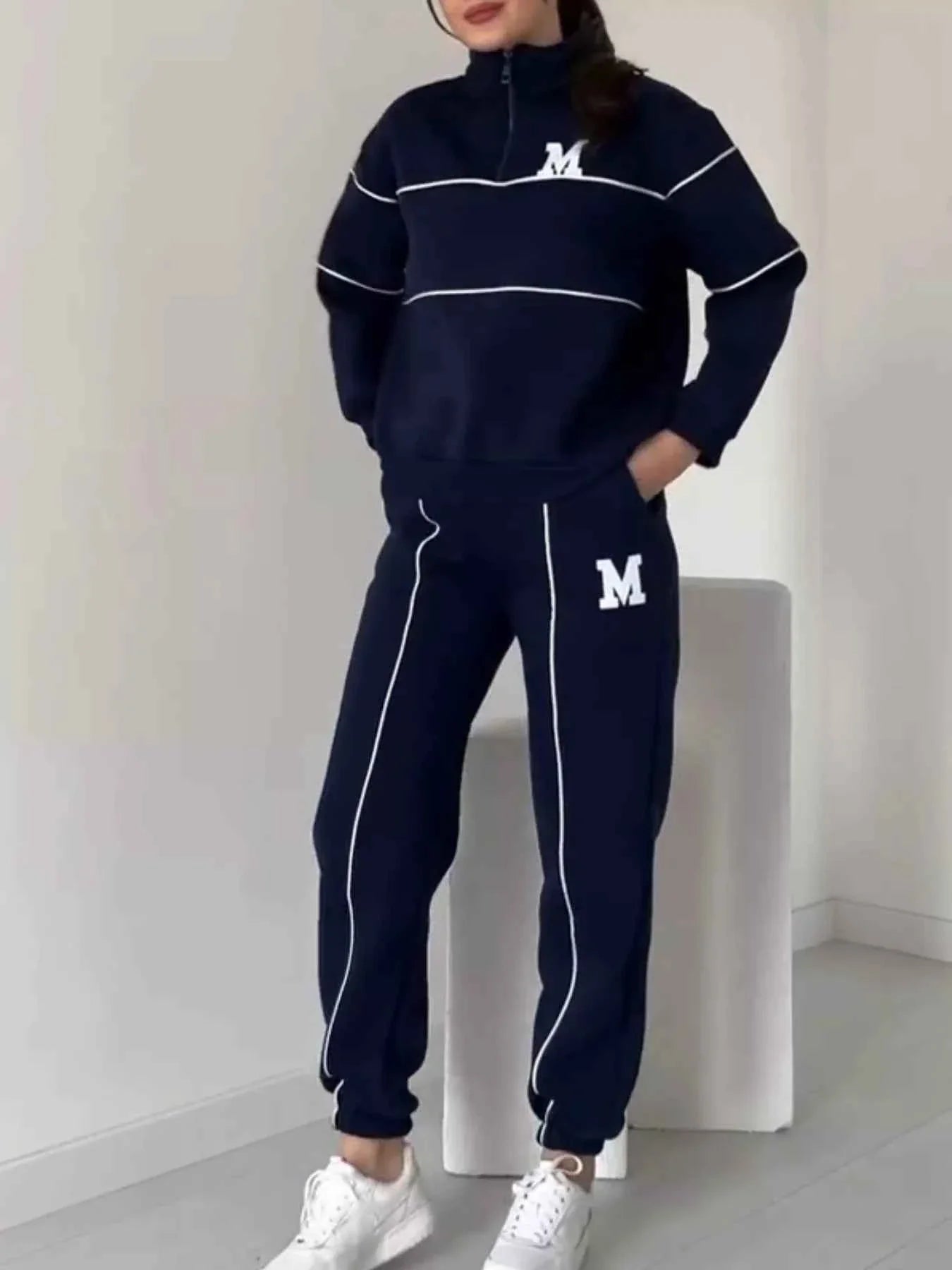 Plus Size Striped Quarter Zip Top and Pants Set