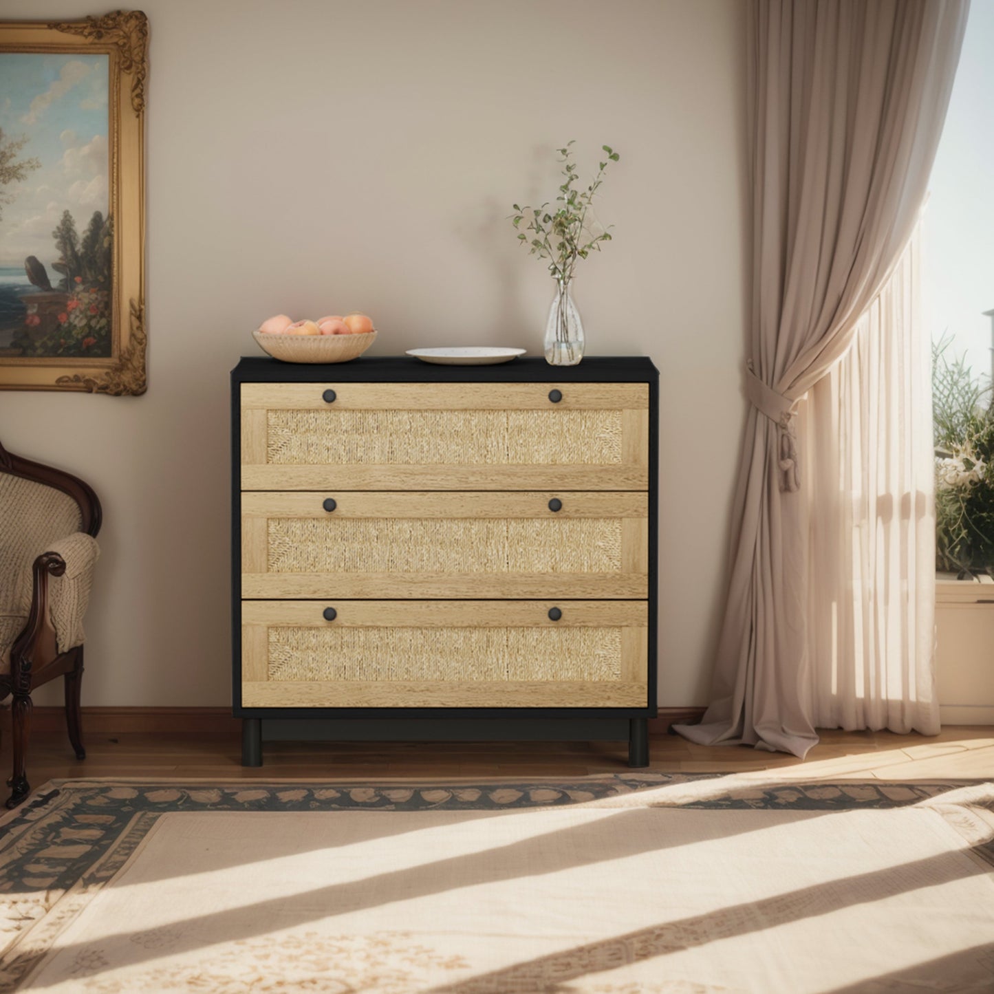 Elegante gabinete de almacenamiento de 3 cajones con cajones tejidos de cuerda