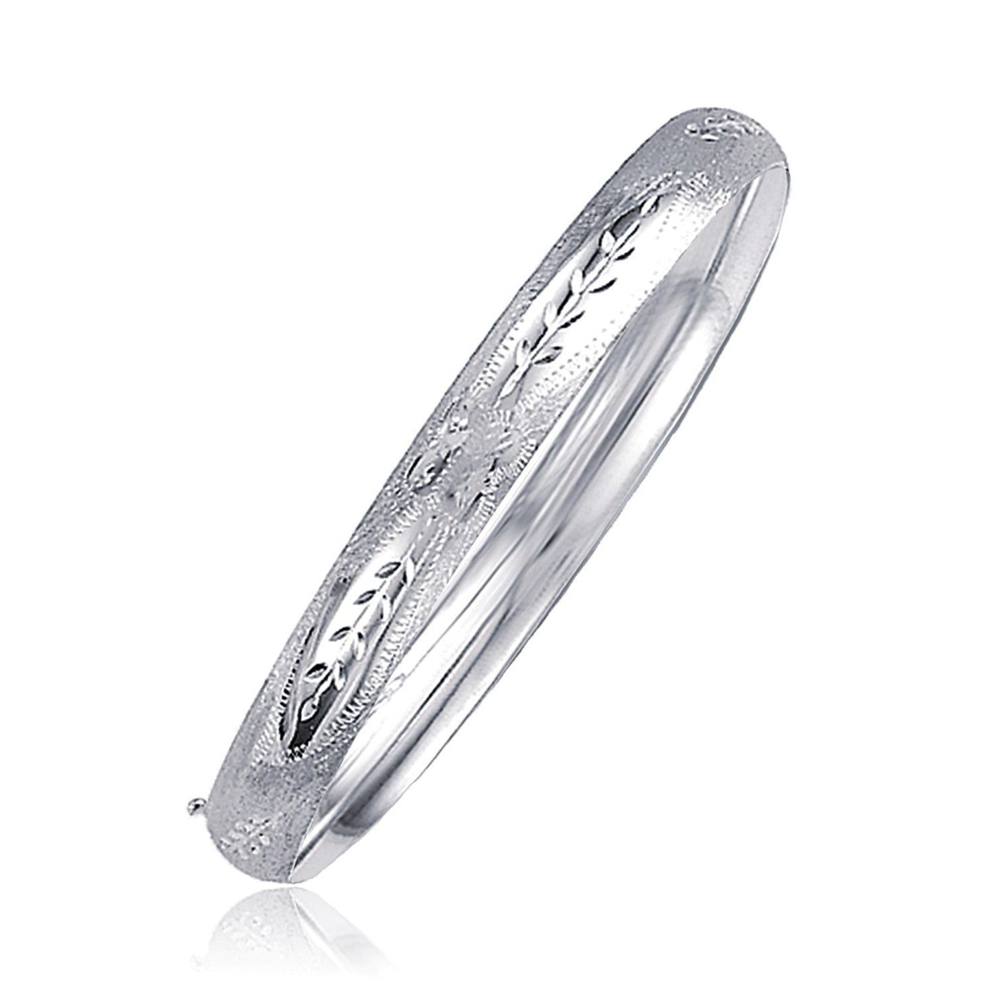 Classic Floral Carved Bangle in 14k White Gold