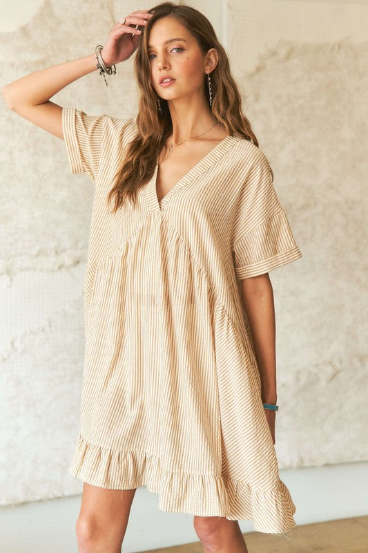 Vestido de Niña de Cuello en V a Rayas con Dobladillo Volante